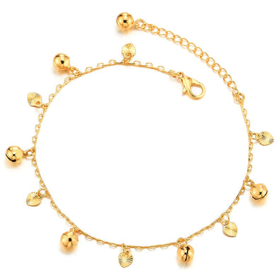 Beautiful Gold Link Chain Anklet Bracelet with Dangling Grooved Hearts and Jingle Bells, Adjustable - COOLSTEELANDBEYOND Jewelry