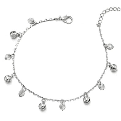 COOLSTEELANDBEYOND Beautiful Link Chain Anklet Bracelet with Dangling Grooved Hearts and Jingle Bells, Adjustable - COOLSTEELANDBEYOND Jewelry