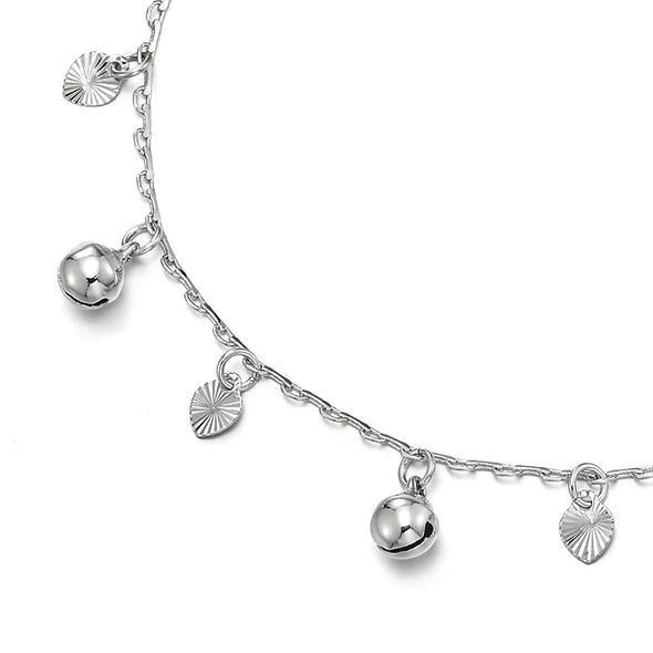 COOLSTEELANDBEYOND Beautiful Link Chain Anklet Bracelet with Dangling Grooved Hearts and Jingle Bells, Adjustable - COOLSTEELANDBEYOND Jewelry