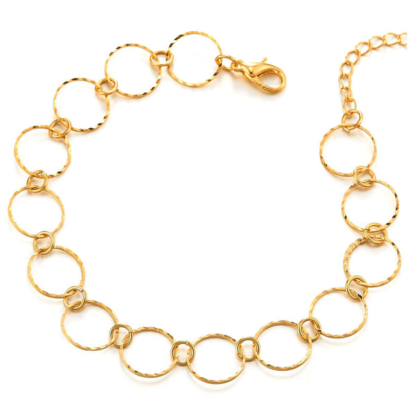 Gold Color Anklet Bracelet of Grooved Twisted Circle Links and Jingle Bell, Adjustable - COOLSTEELANDBEYOND Jewelry