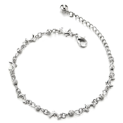 Link Chain Anklet Bracelet with Charms of Dolphins, Balls and Jingle Bell, Adjustable - COOLSTEELANDBEYOND Jewelry