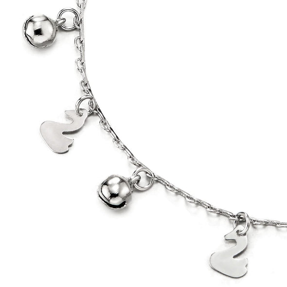Link Chain Anklet Bracelet with Dangling Charms of Swan and Jingle Bell, Adjustable - COOLSTEELANDBEYOND Jewelry