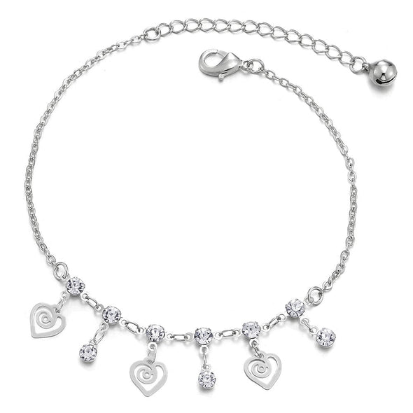 COOLSTEELANDBEYOND Link Chain Anklet Bracelet with Dangling Charms of Swirl Hearts, Cubic Zirconia and Jingle Bell - COOLSTEELANDBEYOND Jewelry