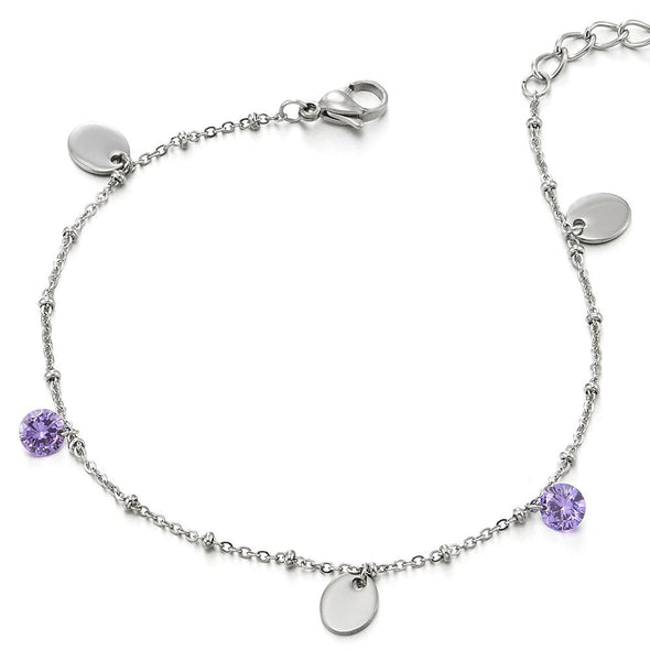 Stainless Steel Anklet Bracelet with Charms of Purple Cubic Zirconia ...