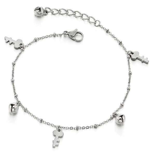 COOLSTEELANDBEYOND Stainless Steel Anklet Bracelet with Dangling Charms of Keys and Jingle Bell - COOLSTEELANDBEYOND Jewelry