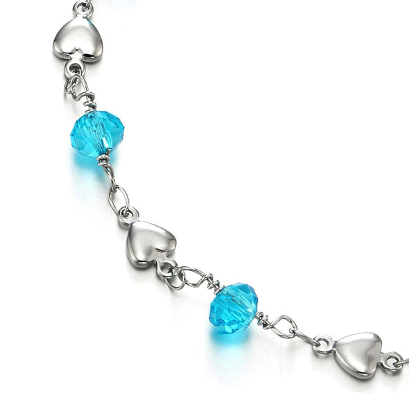 COOLSTEELANDBEYOND Stainless Steel Anklet Bracelet with Hearts and Blue Acrylic Crystal Beads - COOLSTEELANDBEYOND Jewelry