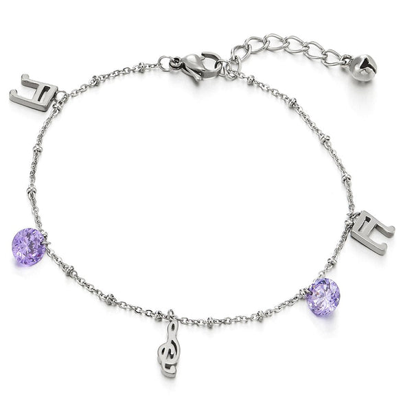 Stainless Steel Anklet Bracelet with Purple Cubic Zirconia and Music Note - COOLSTEELANDBEYOND Jewelry