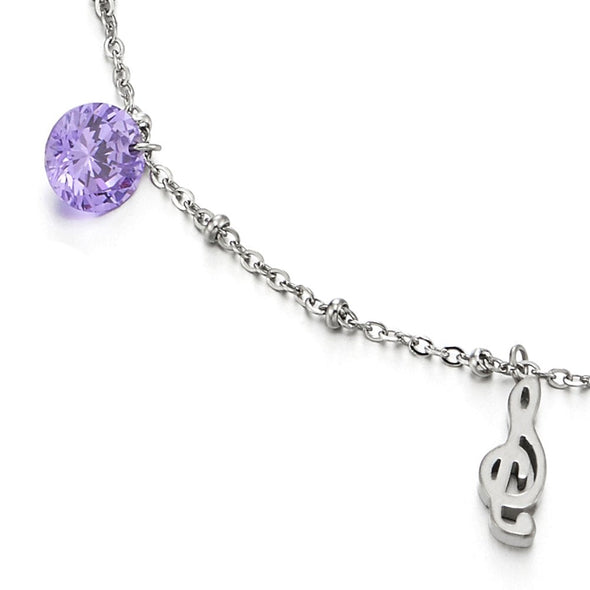 Stainless Steel Anklet Bracelet with Purple Cubic Zirconia and Music Note - COOLSTEELANDBEYOND Jewelry