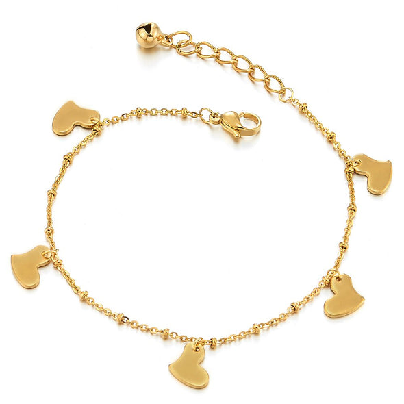 COOLSTEELANDBEYOND Stainless Steel Gold Color Anklet Bracelet with Dangling Charms of Hearts and Jingle Bell - COOLSTEELANDBEYOND Jewelry