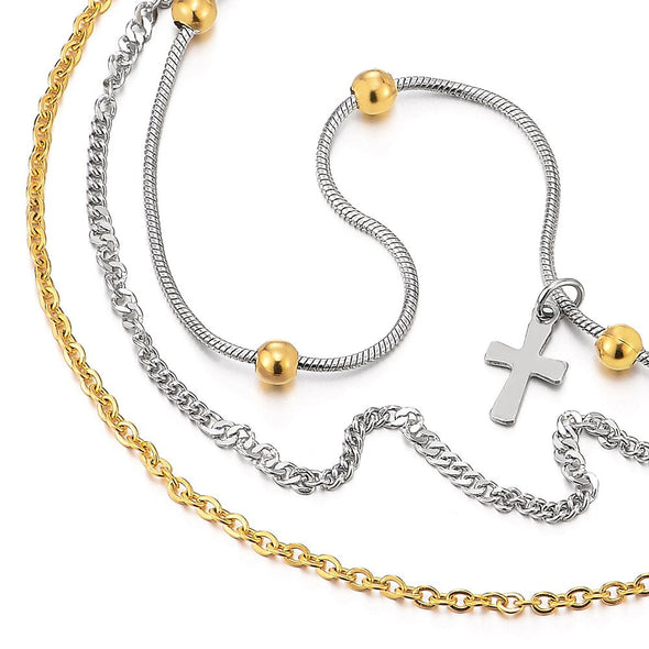 COOLSTEELANDBEYOND Stainless Steel Gold Silver Double Chain Anklet Bracelet with Beads and Dangling Charms of Cross - COOLSTEELANDBEYOND Jewelry