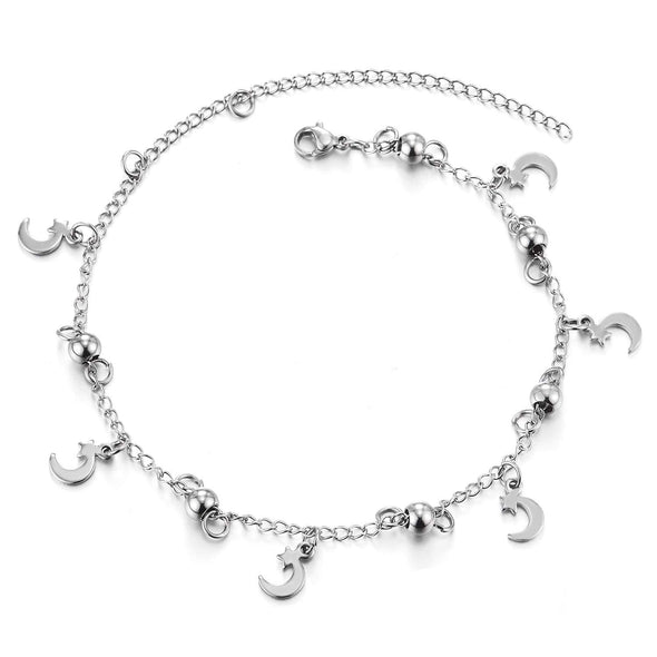 COOLSTEELANDBEYOND Stainless Steel Link Chain Anklet Bracelet with Balls and Dangling Charms of Crescent Moons Stars - COOLSTEELANDBEYOND Jewelry