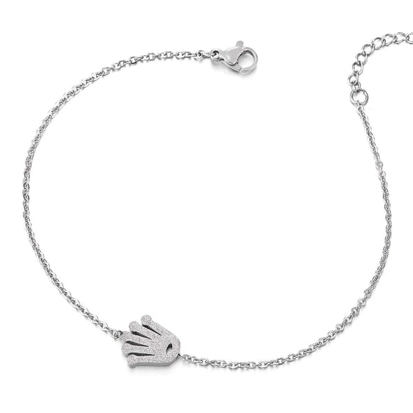 COOLSTEELANDBEYOND Stainless Steel Link Chain Anklet Bracelet with Charm of Satin Crown, Adjustable - COOLSTEELANDBEYOND Jewelry