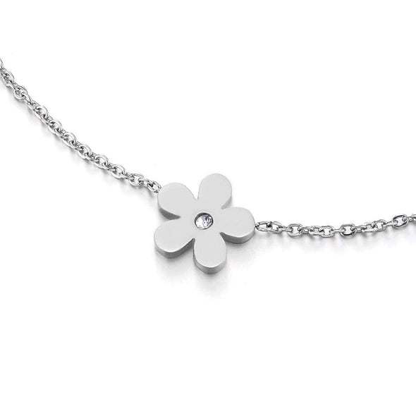 COOLSTEELANDBEYOND Stainless Steel Link Chain Anklet Bracelet with Charm of Star Flower and Cubic Zirconia, Adjustable - COOLSTEELANDBEYOND Jewelry