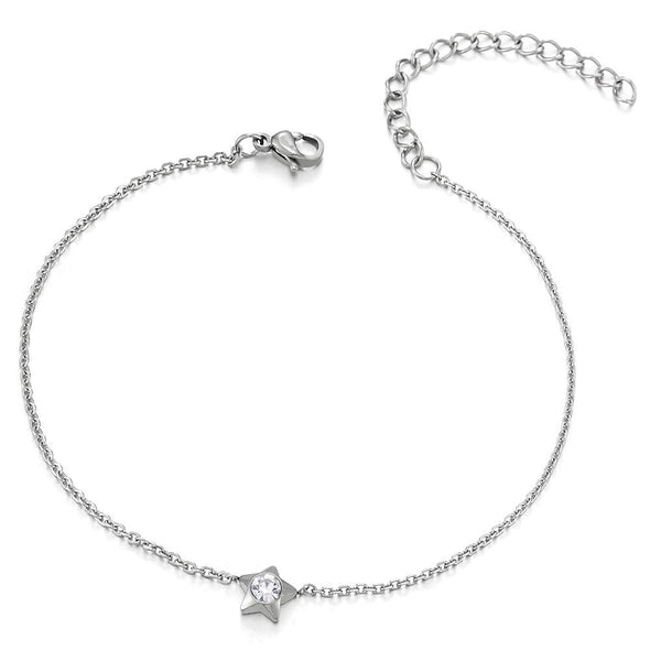 COOLSTEELANDBEYOND Stainless Steel Link Chain Anklet Bracelet with Charm of Star Pentagram and Cubic Zirconia - COOLSTEELANDBEYOND Jewelry