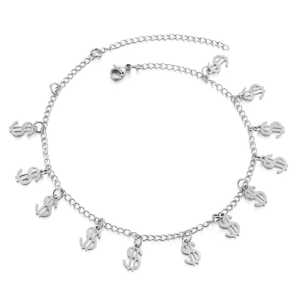 COOLSTEELANDBEYOND Stainless Steel Link Chain Anklet Bracelet with Dangling Charms of US Dollar Money Sign Charms, Cool - COOLSTEELANDBEYOND Jewelry