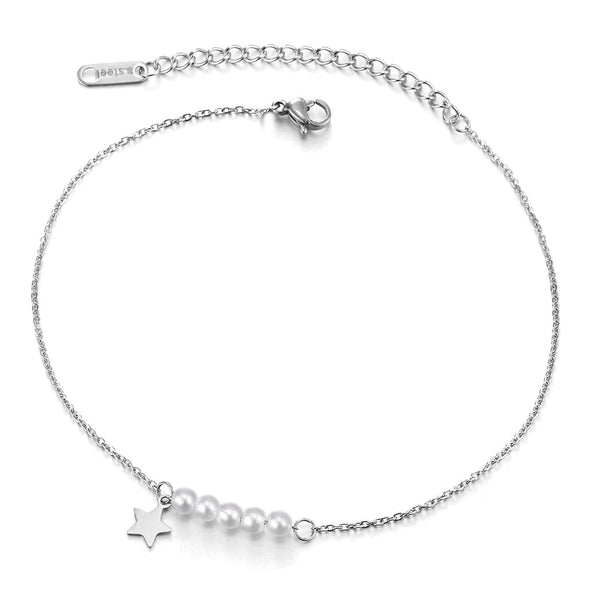 COOLSTEELANDBEYOND Stainless Steel Link Chain Anklet Bracelet with Pearls String and Dangling Star, Adjustable - COOLSTEELANDBEYOND Jewelry