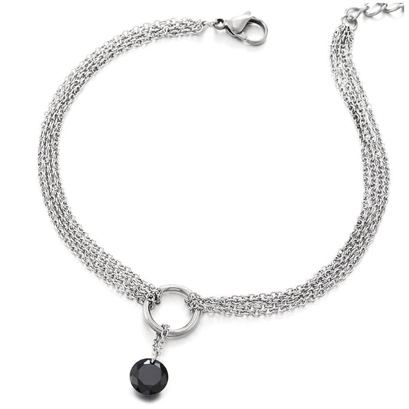COOLSTEELANDBEYOND Stainless Steel Multi-Strand Anklet Bracelet Dangling Charms Black Cubic Zirconia 8MM - COOLSTEELANDBEYOND Jewelry