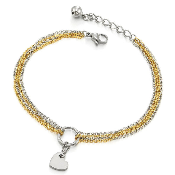 COOLSTEELANDBEYOND Stainless Steel Multi-Strand Anklet Bracelet with Dangling Charms of Heart Silver Gold - COOLSTEELANDBEYOND Jewelry