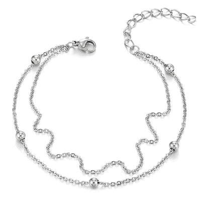 COOLSTEELANDBEYOND Stainless Steel Two-Row Link Chain Anklet Bracelet with Charms of Balls, Adjustable - COOLSTEELANDBEYOND Jewelry