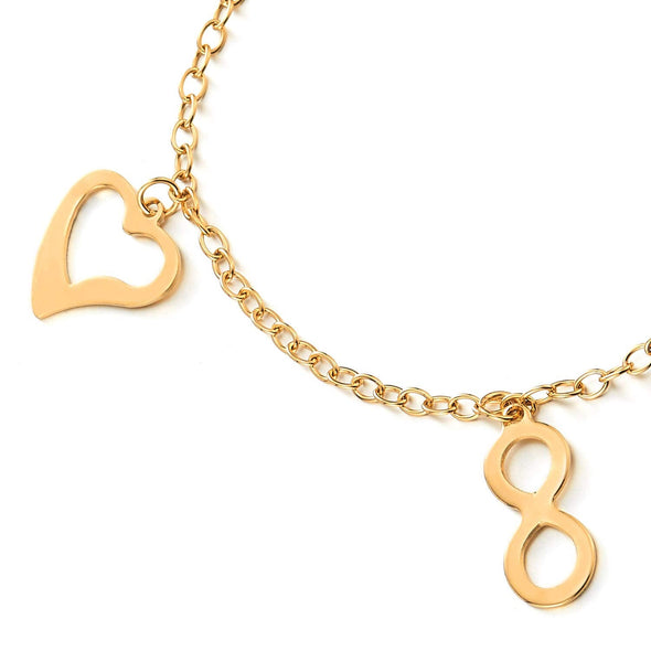 COOLSTEELANDBEYOND Steel Gold Color Anklet Bracelet with Charms of Friendship Infinity Love Number 8 and Open Hearts - COOLSTEELANDBEYOND Jewelry