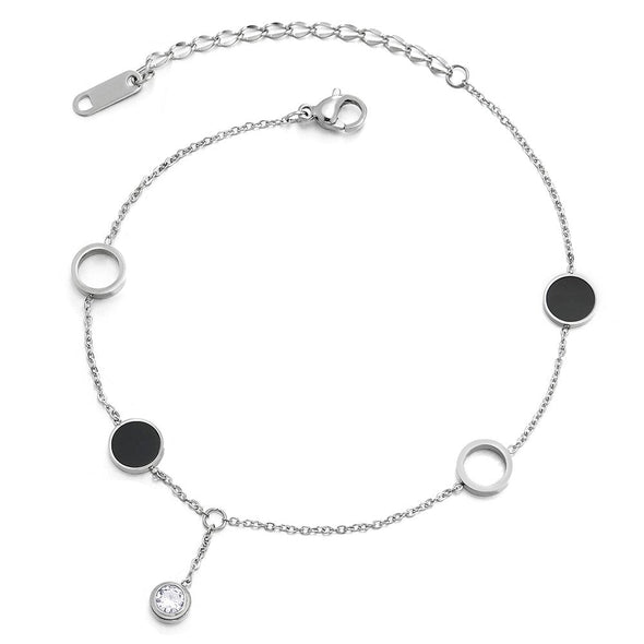 COOLSTEELANDBEYOND Steel Link Chain Anklet Bracelet with Circles Charms and Dangling Cubic Zirconia, Adjustable - COOLSTEELANDBEYOND Jewelry