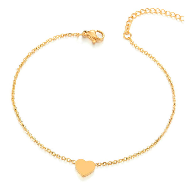 Stylish Stainless Steel Gold Color Link Chain Anklet Bracelet with Heart Charms, Adjustable