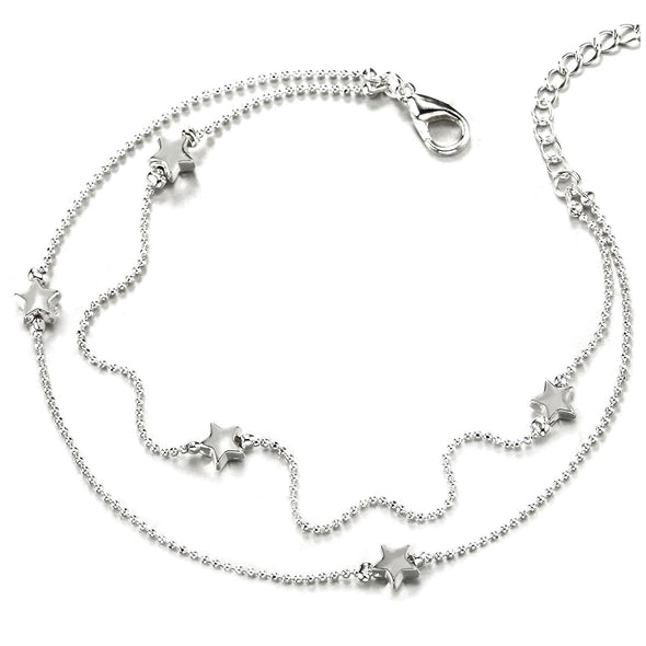 Two-Row Ball Chain Anklet Bracelet with Charms of Hollow Stars and Jingle Bell - COOLSTEELANDBEYOND Jewelry