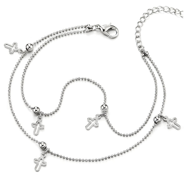 Two-Row Ball Chain Anklet Bracelet with Dangling Charms of Cross and Balls, Adjustable - COOLSTEELANDBEYOND Jewelry