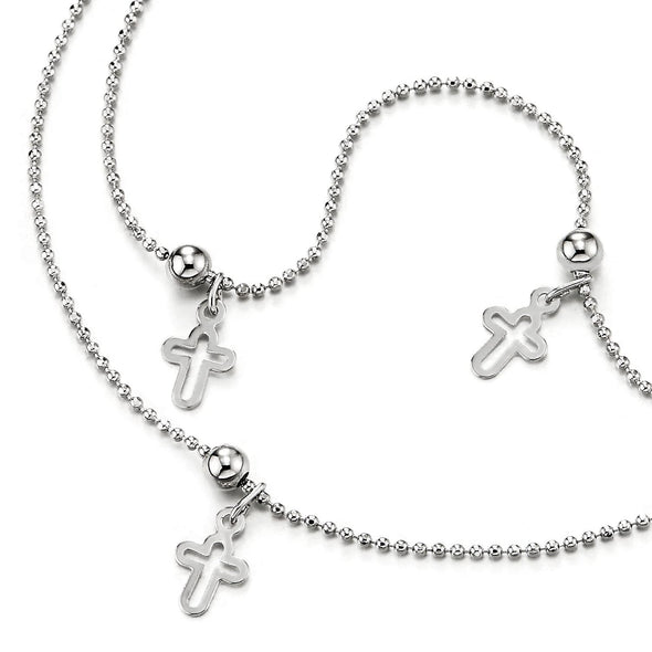 Two-Row Ball Chain Anklet Bracelet with Dangling Charms of Cross and Balls, Adjustable - COOLSTEELANDBEYOND Jewelry
