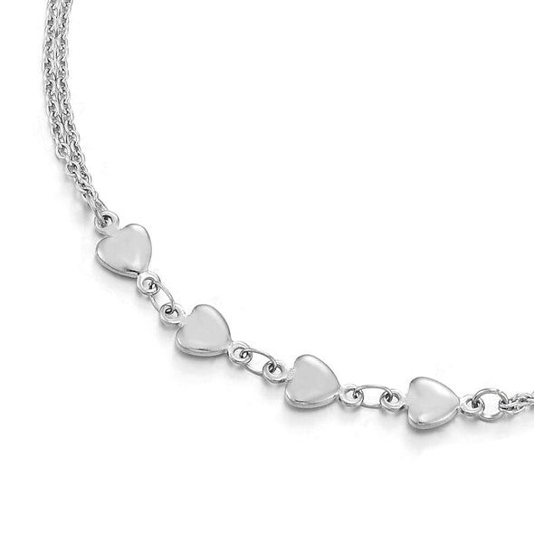 COOLSTEELANDBEYOND Two-Row Stainless Steel Link Chain Anklet Bracelet with Charms of Heart and Jingle Bell, Adjustable - COOLSTEELANDBEYOND Jewelry