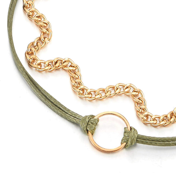 COOLSTEELANDBEYOND Two-Strand Gold Color Curb Chain Juniper Green Cotton Rope Anklet Bracelet with Open Circle Charm - COOLSTEELANDBEYOND Jewelry