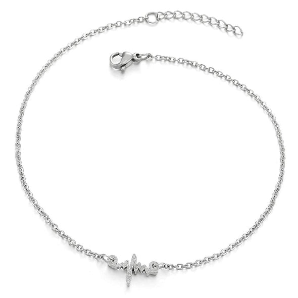 COOLSTEELANDBEYOND Unique Link Chain Anklet Bracelet Stainless Steel with Satin Heartbeat Chart Love Charm, Adjustable - COOLSTEELANDBEYOND Jewelry
