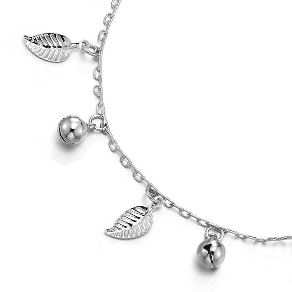 COOLSTEELANDBEYOND Unique Link Chain Anklet Bracelet with Dangling Charms of Leaves and Jingle Bells, Adjustable - COOLSTEELANDBEYOND Jewelry
