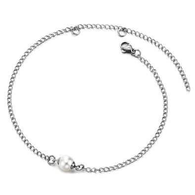 Elegant Womens Stainless Steel Link Chain Anklet Bracelet with Charm of Pearl, Adjustable - COOLSTEELANDBEYOND Jewelry