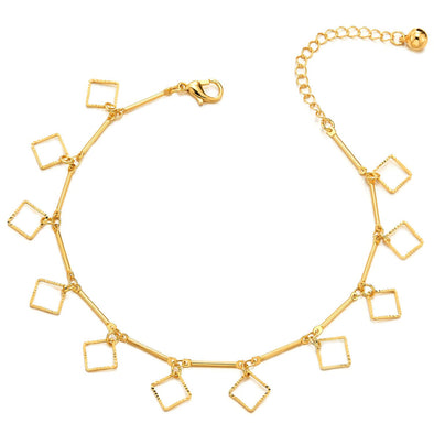 Gold Color Anklet Bracelet with Dangling Charms of Grooved Open Square, Jingle Bell, Adjustable - COOLSTEELANDBEYOND Jewelry