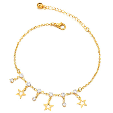Gold Color Link Chain Anklet Bracelet with Charm of Star Pentagram and Cubic Zirconia, Jingle Bell - COOLSTEELANDBEYOND Jewelry
