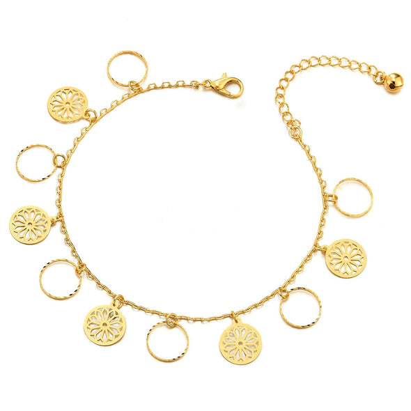 Gold Color Link Chain Anklet Bracelet with Charms of Wreath Circles Flower and Jingle Bell - COOLSTEELANDBEYOND Jewelry