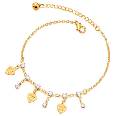 Gold Color Link Chain Anklet Bracelet with Dangling Solitaire Cubic Zirconia and Hearts, Jingle Bell - COOLSTEELANDBEYOND Jewelry