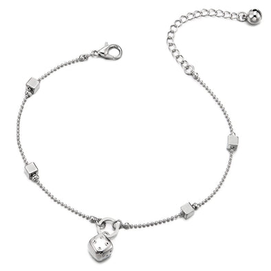 Link Chain Anklet Bracelet with Charm of Dice and Jingle Bell, Adjustable - COOLSTEELANDBEYOND Jewelry