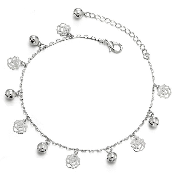 Link Chain Anklet Bracelet with Dangling Charms of Rose Flower and Jingle Bell, Adjustable - COOLSTEELANDBEYOND Jewelry