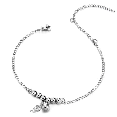 Stainless Steel Link Chain Anklet Bracelet with Beads String, Dangling Leaf and Ball, Adjustable - COOLSTEELANDBEYOND Jewelry