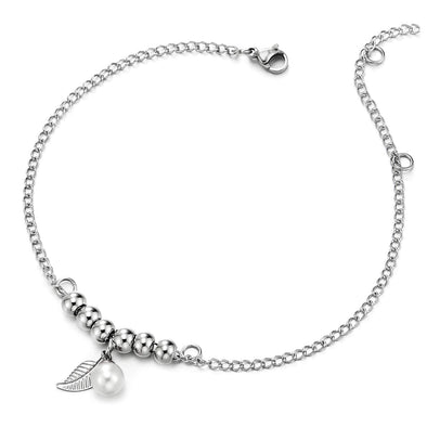Stainless Steel Link Chain Anklet Bracelet with Beads String, Dangling Leaf and Pearl, Adjustable - COOLSTEELANDBEYOND Jewelry