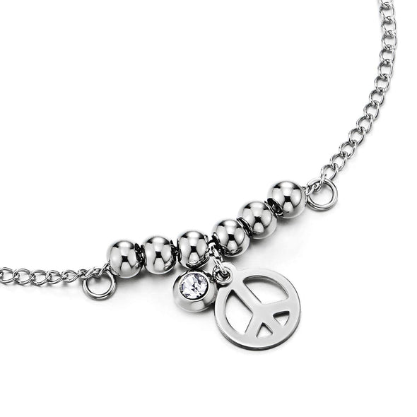 Steel Anklet Bracelet with Beads Strings, Dangling Anti-war Peace Sign, Solitaire CZ Circle Charm - COOLSTEELANDBEYOND Jewelry