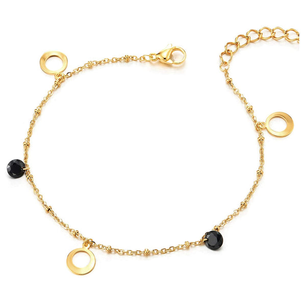Steel Gold Color Anklet Bracelet with Dangling Black Cubic Zirconia and Open Circle, Jingle Bell - COOLSTEELANDBEYOND Jewelry