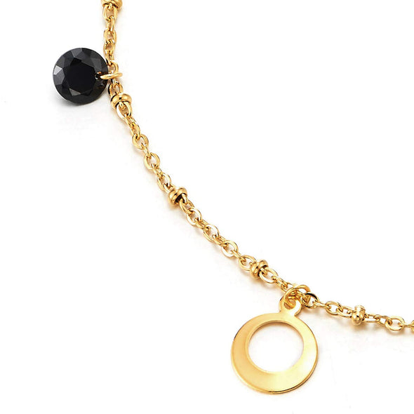 Steel Gold Color Anklet Bracelet with Dangling Black Cubic Zirconia and Open Circle, Jingle Bell - COOLSTEELANDBEYOND Jewelry