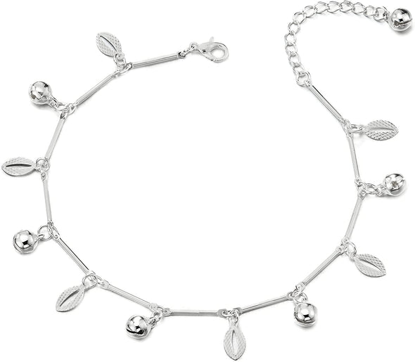 Stick Link Anklet Bracelet with Dangling Charm of Ovals and Jingle Bells, Adjustable - COOLSTEELANDBEYOND Jewelry