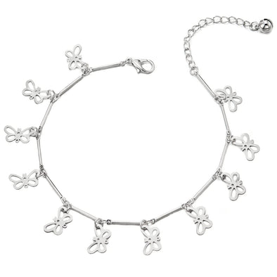 Stylish Link Chain Anklet Bracelet with Dangling Butterflies and Jingle Bell, Adjustable - COOLSTEELANDBEYOND Jewelry