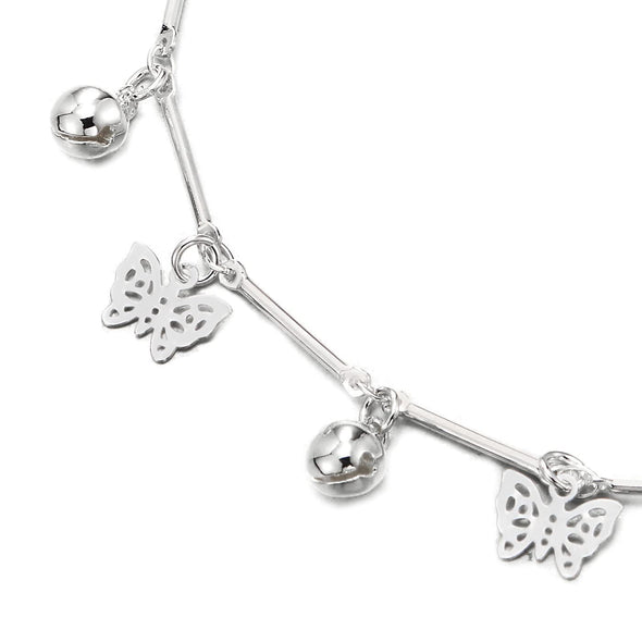 Stylish Stick Link Chain Anklet Bracelet with Dangling Butterflies and Jingle Bell, Adjustable - COOLSTEELANDBEYOND Jewelry