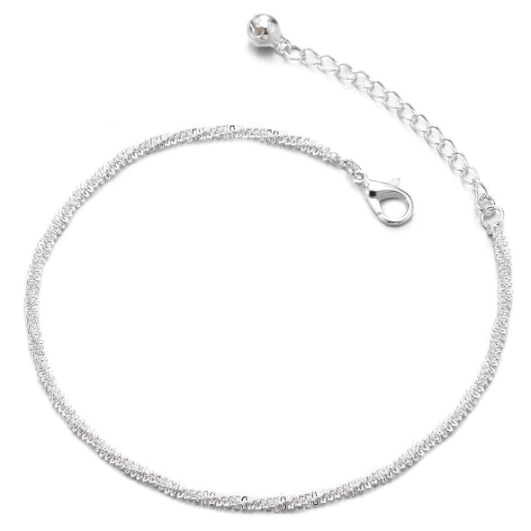 Thin Braided Textured Link Chain Anklet Bracelet with Jingle Bell, Adjustable - COOLSTEELANDBEYOND Jewelry