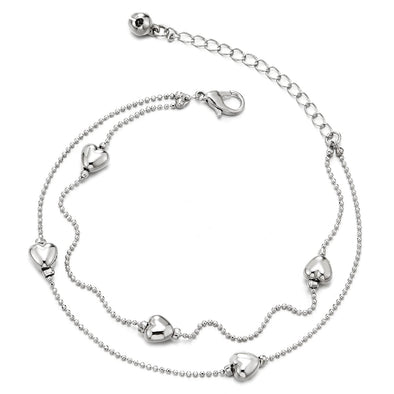 Two-Row Bead Chain Anklet Bracelet with Charms of Puff Hearts and Jingle Bell, Adjustable - COOLSTEELANDBEYOND Jewelry